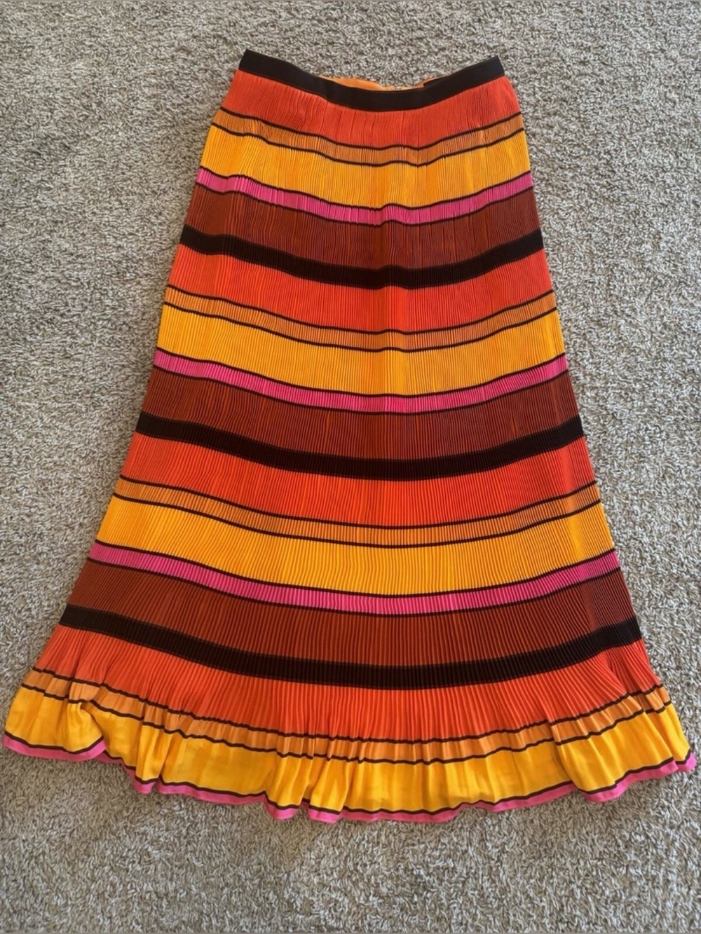 NWT J Crew Straight-Pleat Midi Skirt, Flounce Hem, Orange Striped, Size 4 Tall